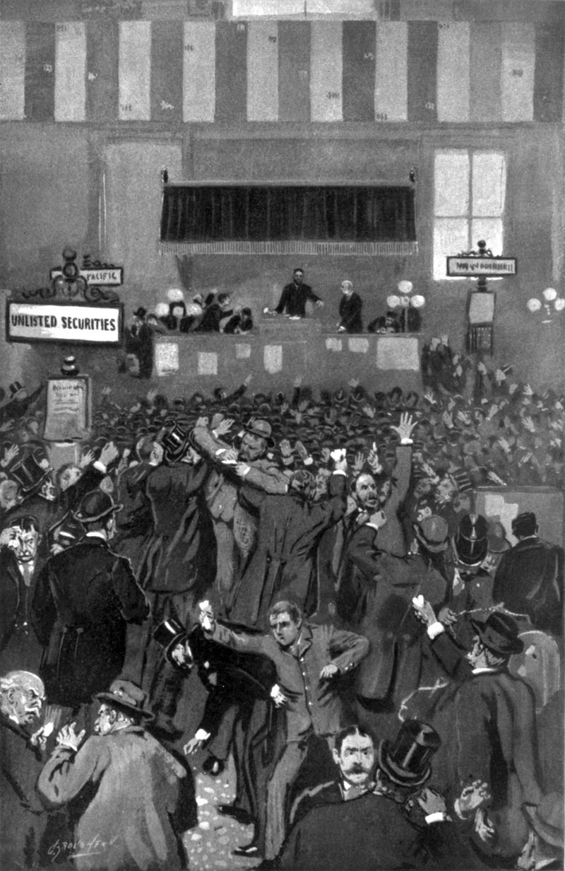 The Panic of 1893 — the New York Stock Exchange during the worst economic depression in American history before the 1930s. Frank Leslie's Illustrated Newspaper, 1893. Public domain, via Wikimedia Commons.