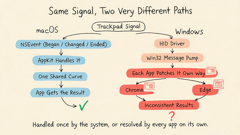 Software stack comparison: macOS processes touchpad signals through one unified system pipeline, Windows leaves interpolation to each app