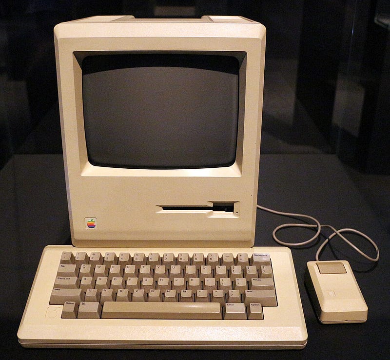 Macintosh 128K, released January 1984. Photo by Sailko, CC BY 3.0, via Wikimedia Commons.
