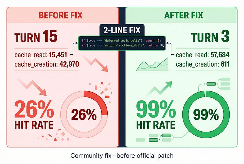 Cache hit rate comparison: 26% before fix vs 99% after fix — two lines of code