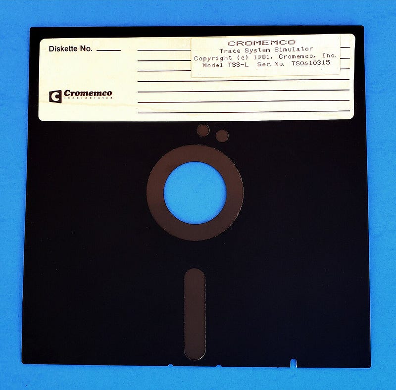 Cromemco 8-inch floppy disk, the format CP/M was written to read directly. Photo via Wikimedia Commons, CC BY-SA 4.0.