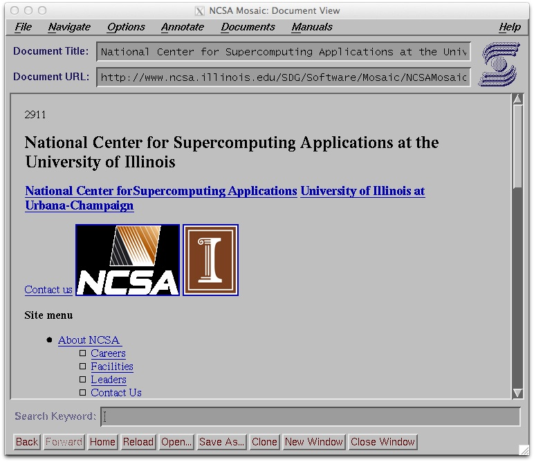 NCSA Mosaic browser screenshot — the first graphical browser to display images inline. Screenshot by Charles Severance, CC0, via Wikimedia Commons.