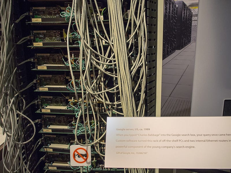 Google's 1999 production server rack on display at the Computer History Museum