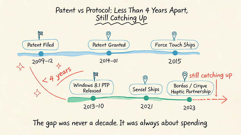 Two-track timeline from patent filing to hardware catch-up: Apple 2009 to 2015, Windows 2013 to 2021 and 2023