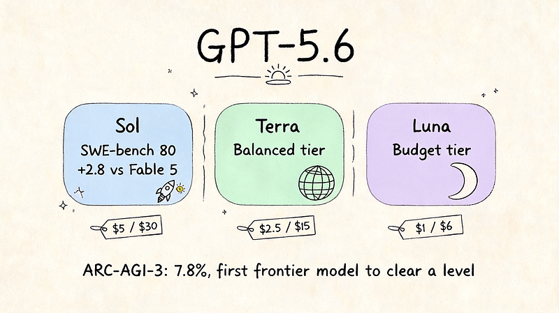 GPT-5.6 tier lineup: Sol, Terra, and Luna benchmarks and pricing at a glance