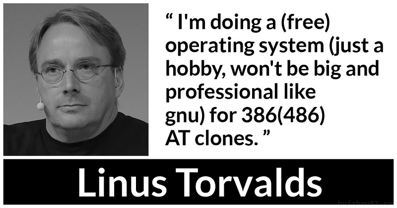 Linus Torvalds, pictured alongside his famous 1991 Usenet post: “I’m doing a (free) operating system (just a hobby, won’t be big and professional like gnu) for 386(486) AT clones.”