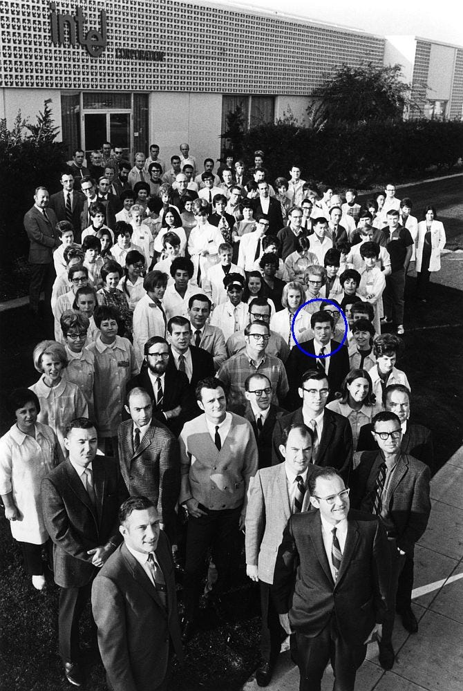 Intel's 106 employees at their Mountain View facility in 1969. Founders Robert Noyce (left front) and Gordon Moore (front center). Intel was one of the first major tenants in the Stanford Industrial Park ecosystem. Intel Free Press, CC BY-SA 2.0, via Wikimedia Commons.
