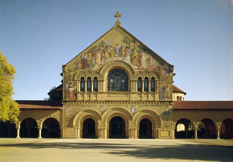Stanford Memorial Church, built by Jane Stanford in memory of her husband Leland. Jack E. Boucher, Public domain, via Wikimedia Commons.