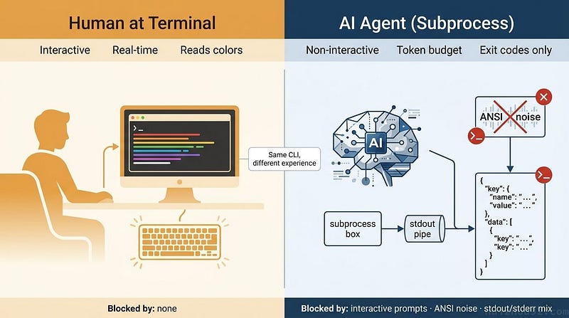 Human at Terminal vs AI Agent (Subprocess): same CLI, completely different experience and failure modes