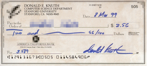 A Knuth reward check. The people who received them didn’t cash them. They framed them. (Wikimedia Commons / CC BY-SA 3.0)