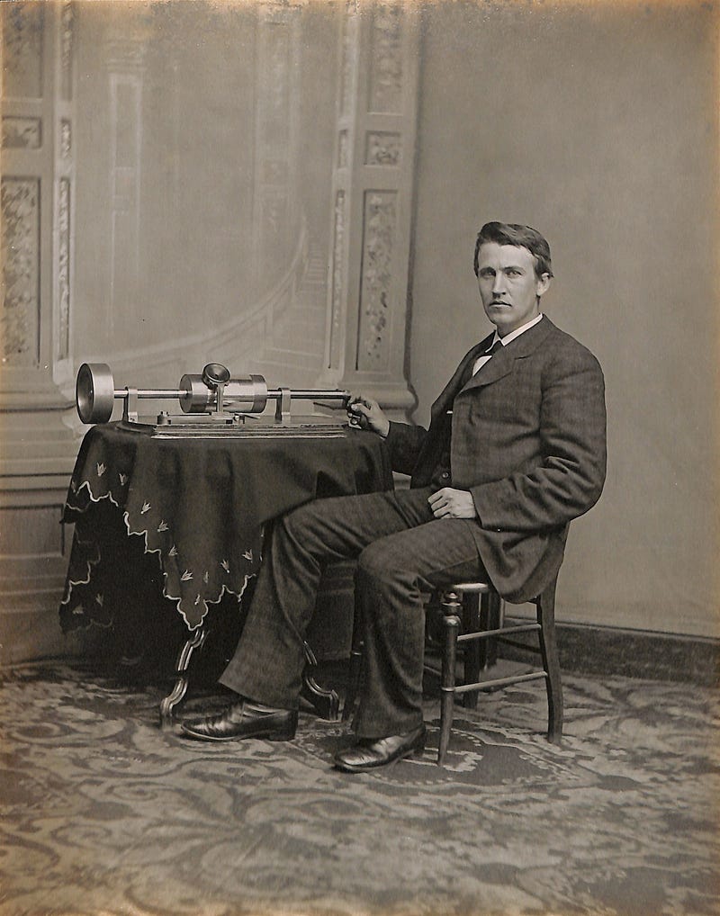 Edison with his tin-foil phonograph, photographed by Mathew Brady, April 18, 1878, Washington D.C.
