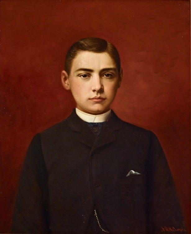 Leland Stanford Jr. (1868–1884). Posthumous portrait by Astley D. M. Cooper, 1890s. Oil on canvas, Cantor Arts Center. Public domain, via Wikimedia Commons.