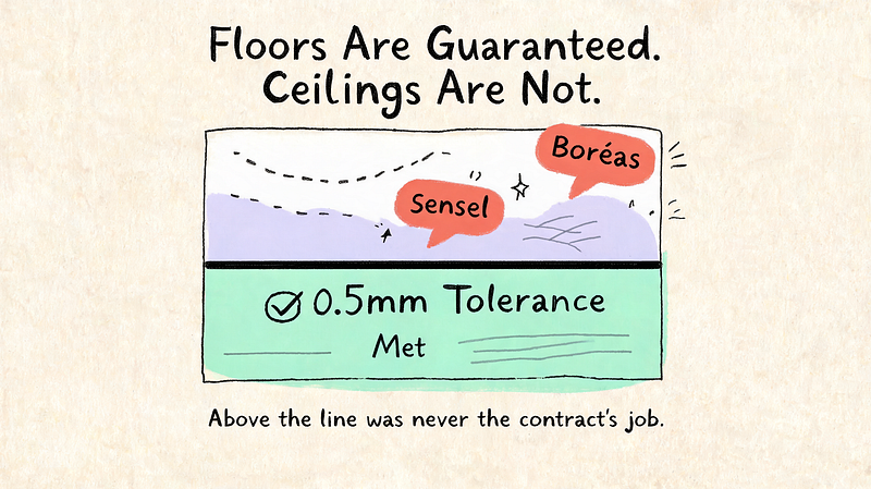 The contract as document metaphor: the floor is met at 0.5mm tolerance, the ceiling is still being climbed by Sensel and Boréas