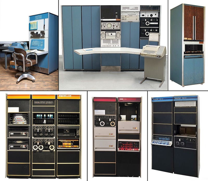 Six DEC minicomputers, including PDP-1, PDP-7, PDP-8, PDP-8/E, PDP-11/70, and PDP-15.
