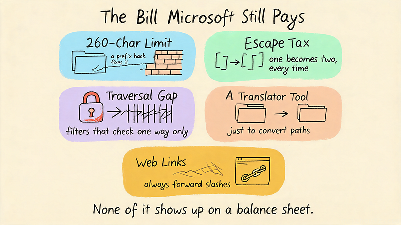 The bill Microsoft still pays: MAX_PATH, the double-escape tax, path-traversal gaps, wslpath, and forward-slash URLs
