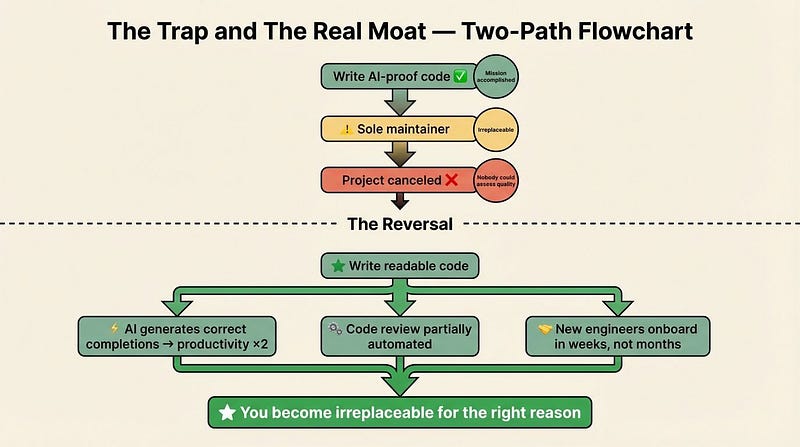 The trap vs the real moat — two-path flowchart