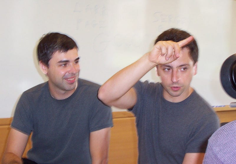 Google co-founders Larry Page and Sergey Brin. The two met at Stanford University where they developed the PageRank algorithm. Ehud Kenan, CC BY 2.0, via Wikimedia Commons.