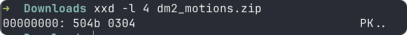 xxd -l 4 on a zip file: the first four bytes are 50 4b 03 04, and the ASCII column reads PK