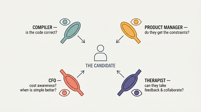 One candidate evaluated through four simultaneous lenses: compiler, product manager, CFO, and therapist
