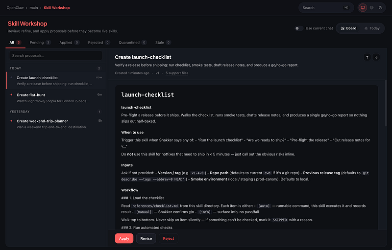 Skill Workshop Board view with proposal status tabs, a proposal list, a selected launch-checklist proposal, and Apply, Revise, and Reject actions.