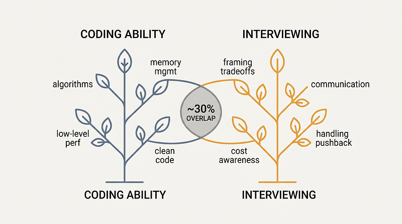 Coding ability and interviewing are two separate skill trees with only about 30% overlap