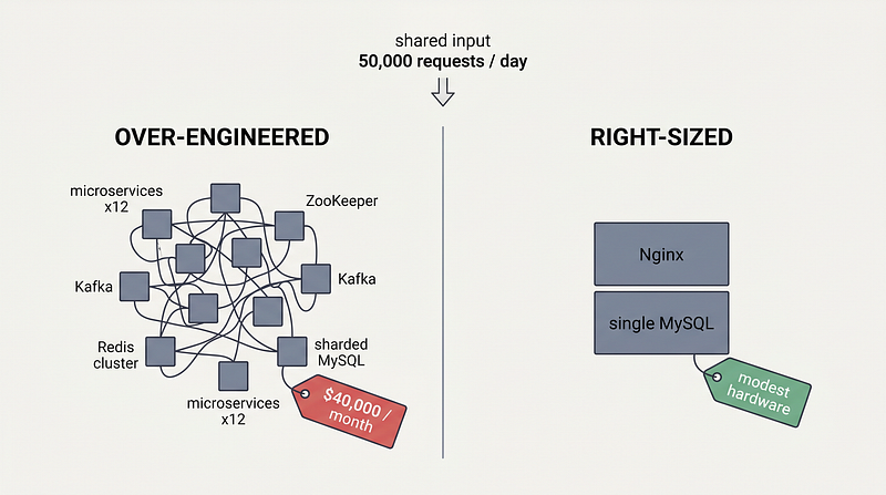 Over-engineered twelve-service stack costing $40K a month versus a right-sized Nginx and single MySQL setup for the same 50K daily requests