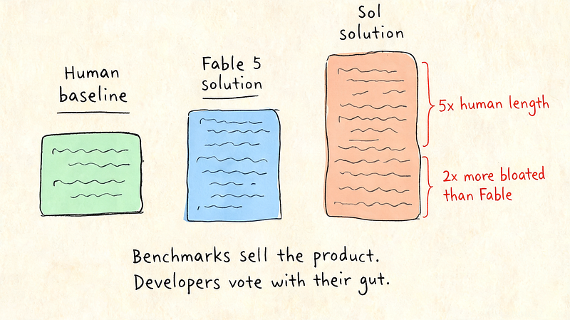 Benchmark chart versus real code: Sol's solution runs 5x longer than the human baseline and 2x more bloated than Fable 5