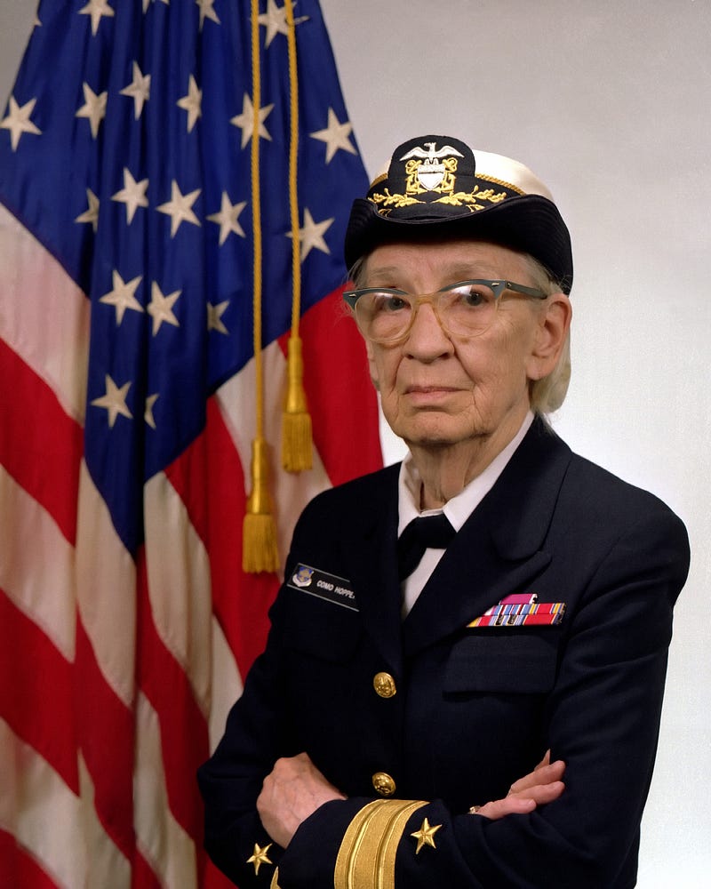 Official U.S. Navy portrait of Commodore Grace M. Hopper, taken January 20, 1984, a portrait from late in her life, not from 1947.