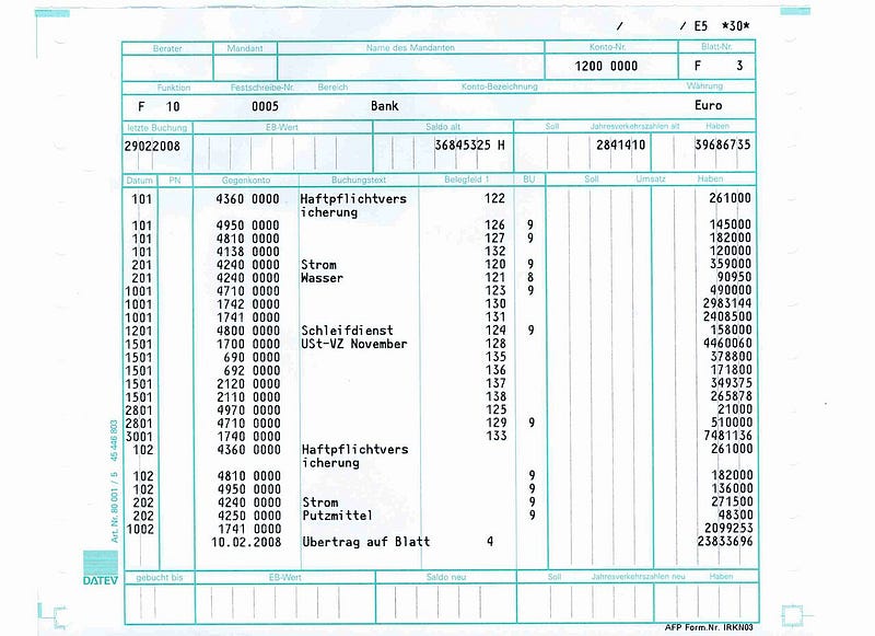Paper accounting sheets. This is what rows and columns looked like first. DATEV printed these from the 1960s through the 2000s and they were standard in millions of German companies. Change one number and every cell after it gets recomputed by hand (image: DATEV eG, scanned by DALIBRI / Wikimedia Commons, public domain)
