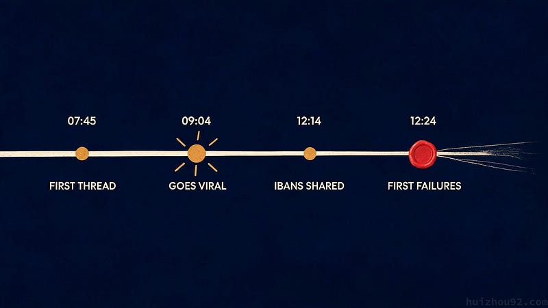 All times UTC on July 26: first forum thread at 07:45, the X post at 09:04, shared IBANs at 12:14, and the first reports of them failing ten minutes later