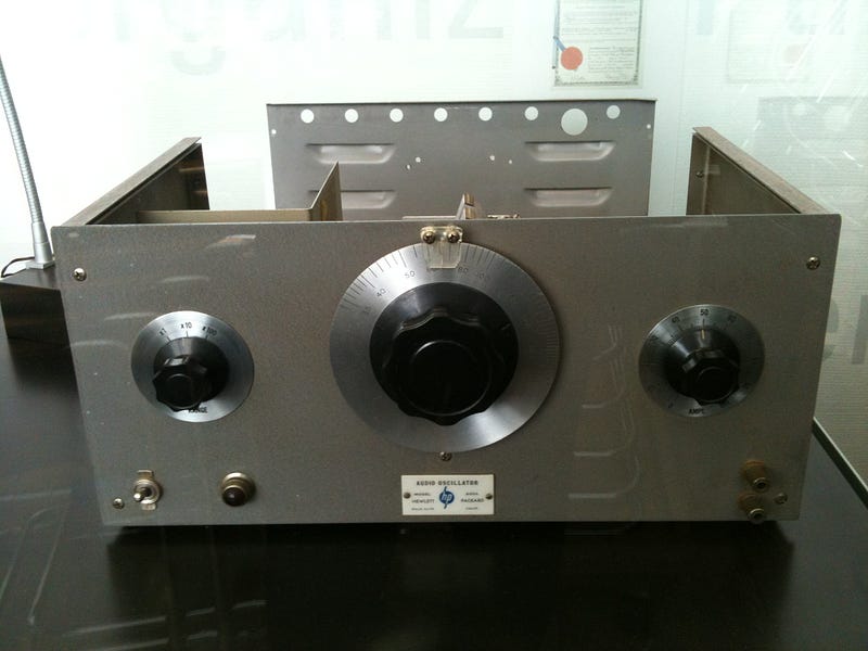 The HP Model 200A audio oscillator — Hewlett-Packard's first product, built in the Palo Alto garage in 1938. Colin, CC BY-SA 2.0, via Wikimedia Commons.