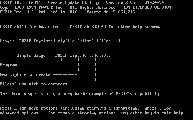 The PKZIP 2.06 DOS help screen, showing the line PKZIP Reg. U.S. Pat. and Tm. Off. Patent No. 5,051,745