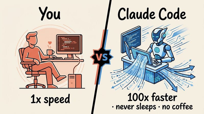 Human developer vs Claude Code — 1x speed vs 100x speed