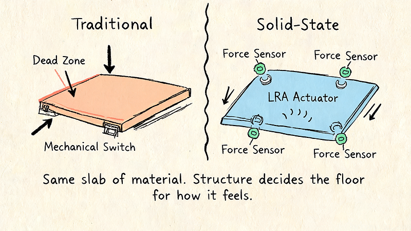 Cross-section comparison of the diving-board mechanical trackpad versus the Force Touch solid-state panel