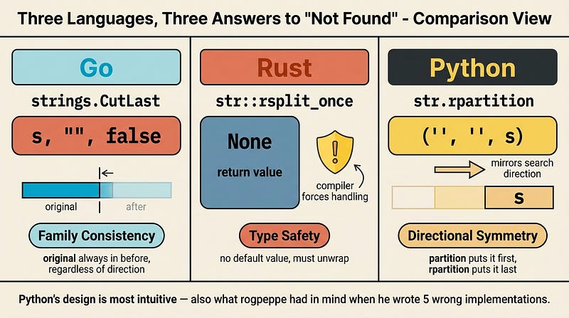 Three languages, three answers to "not found": Go / Rust / Python