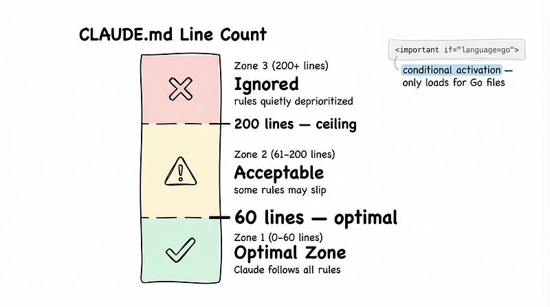 CLAUDE.md line count zones: optimal 0-60, acceptable 60-200, ignored 200+