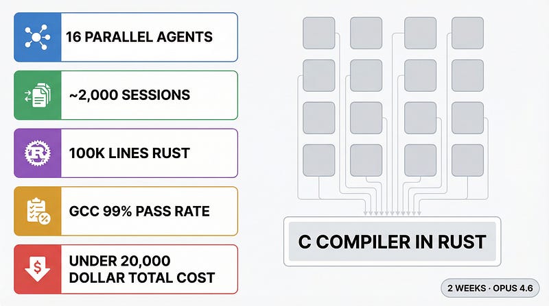 Agent Teams Data: 16 agents · 2000 sessions · 100K lines Rust · GCC 99% · <$20K
