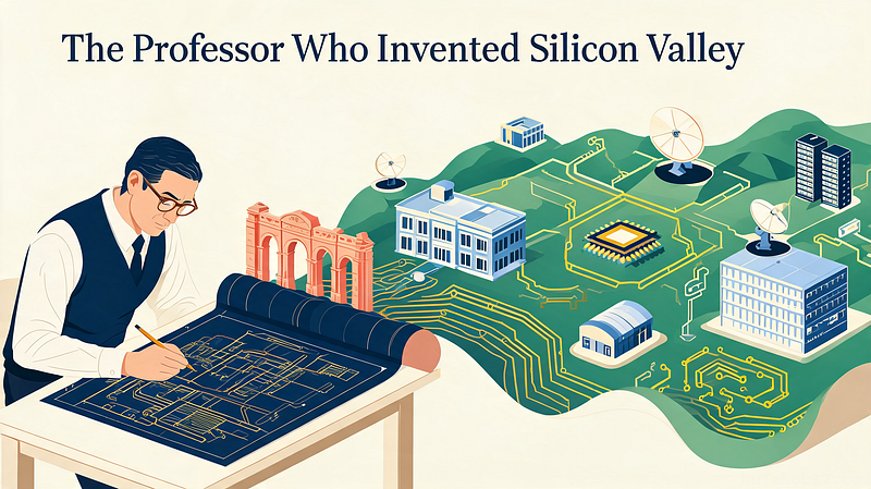 Cover illustration for "The Professor Who Invented Silicon Valley" — macaron palette vector art.