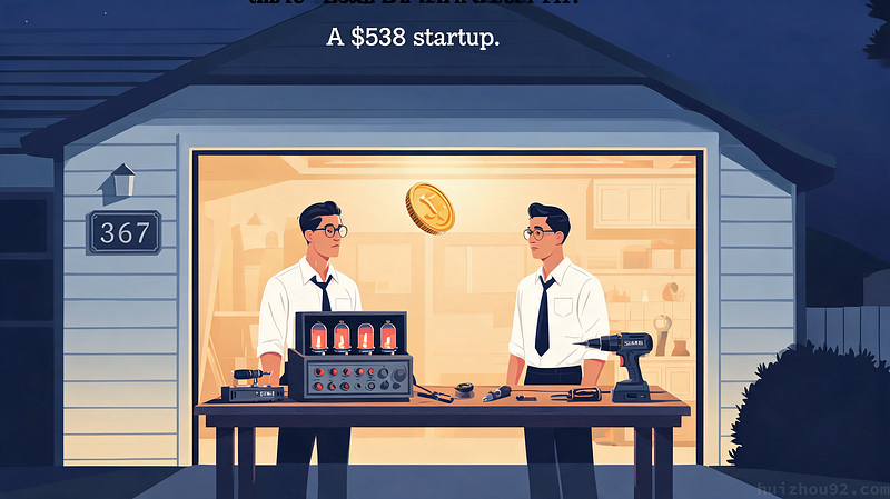 Cover illustration for "The Garage, the Professor, and the Birth of HP" — macaron palette vector art.