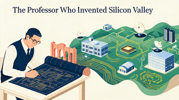Cover illustration for "The Professor Who Invented Silicon Valley" — macaron palette vector art.