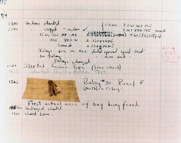 The original 1947 Mark II logbook page, moth still taped to it, part of the Smithsonian collection.