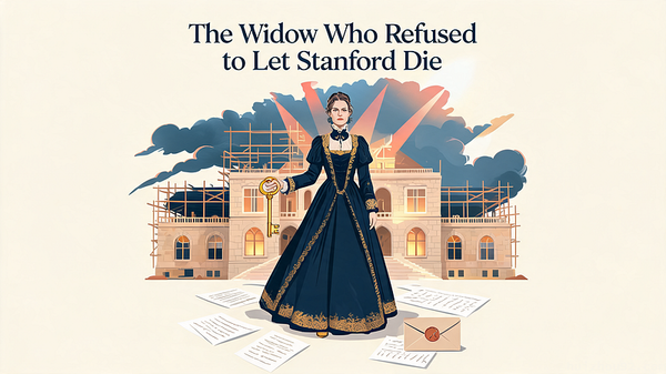 Cover illustration for "The Widow Who Refused to Let Stanford Die" — macaron palette vector art.