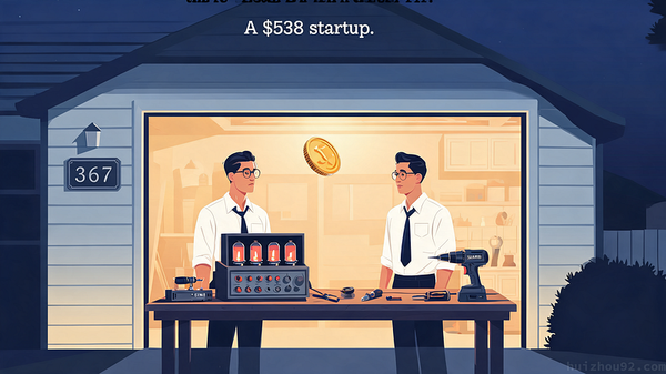 Cover illustration for "The Garage, the Professor, and the Birth of HP" — macaron palette vector art.